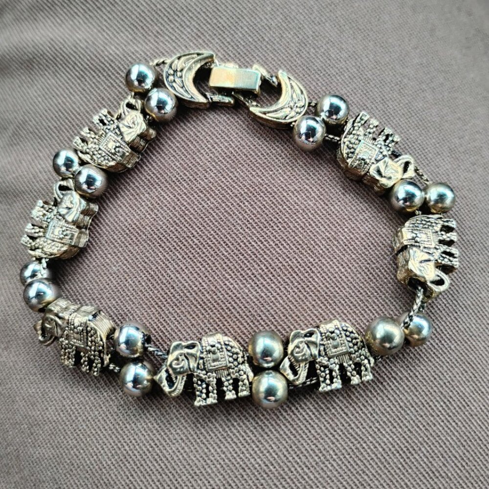 Gold Silver Elephant Charm Bracelet Double String Fastener Vintage From India